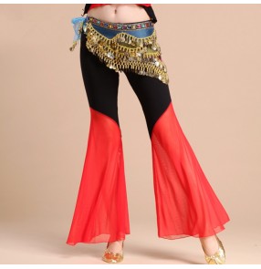 Neon green and orange purple violet yellow black and red patchwork long length women's ladies female competition stage performance belly dance pants trousers costumes outfits(no hip scarf)